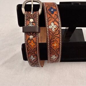 Hand tooled hand painted leather belt personalized with the name NORMA